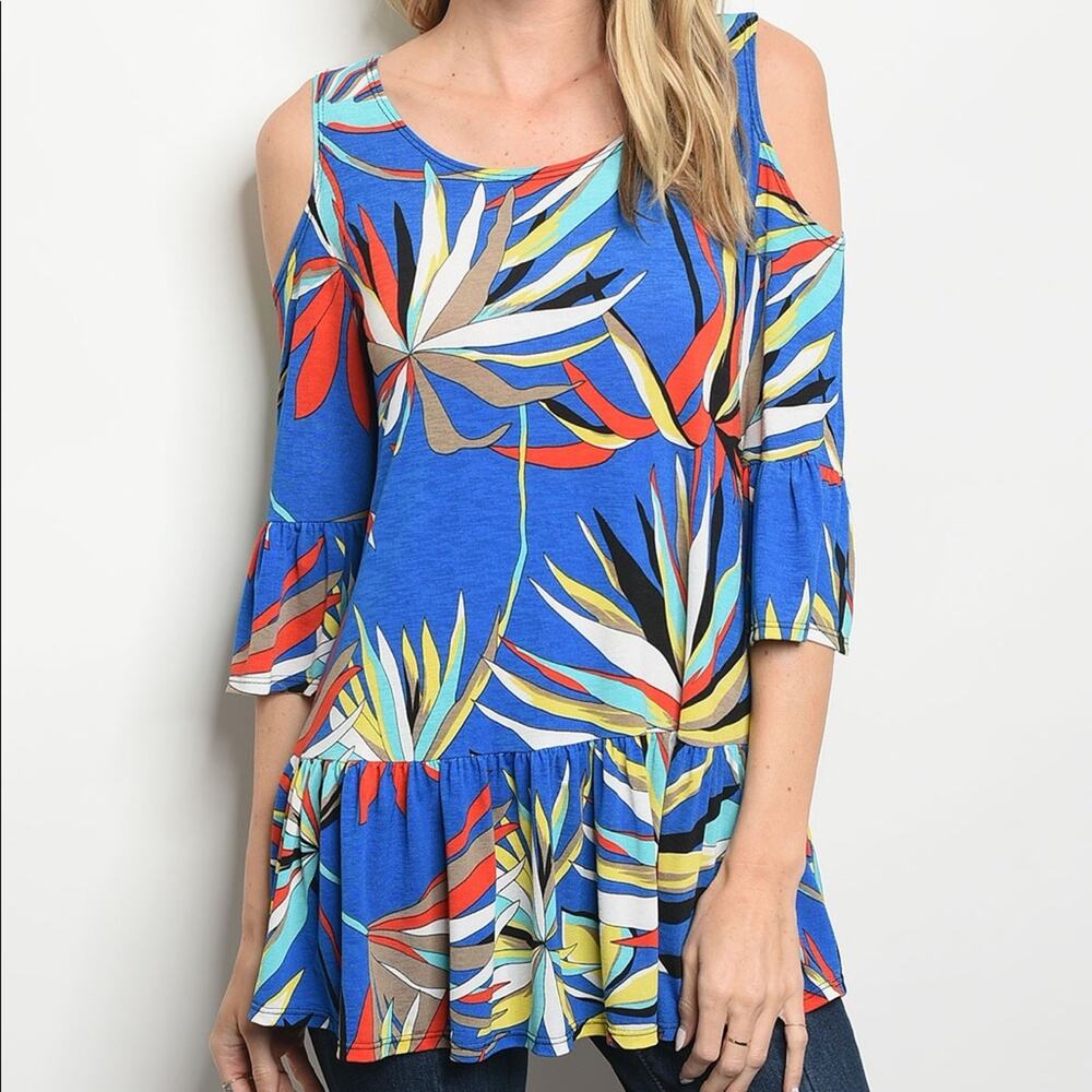 Blue Floral Cold Shoulder Tunic Top Boho Flowy 3/4 Sleeve Size S
